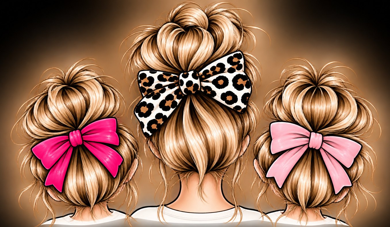 Illustration of three blonde girls in messy buns with hot pink, leopard and light pink bows